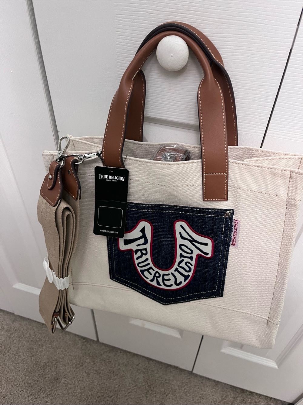 True Religion Cream Canvas Messenger Tote with Brown Leather Handles